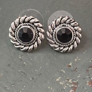 Vtg LANDAU silver & black onyx stud earrings pierced Yurman vibes